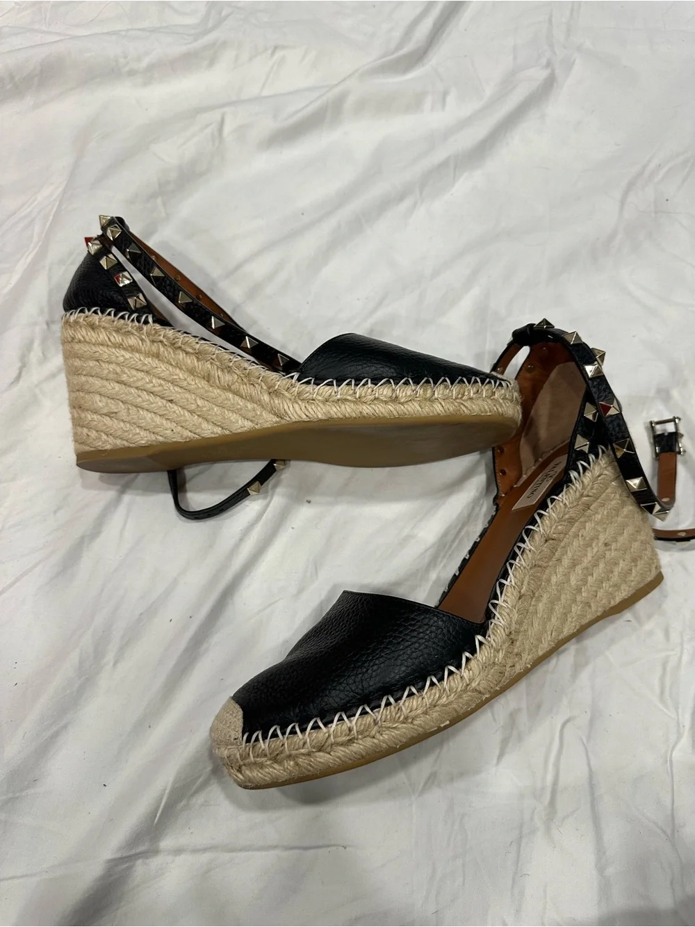 Valentino Black Rockstud Espadrille Ankle-Strap wedges